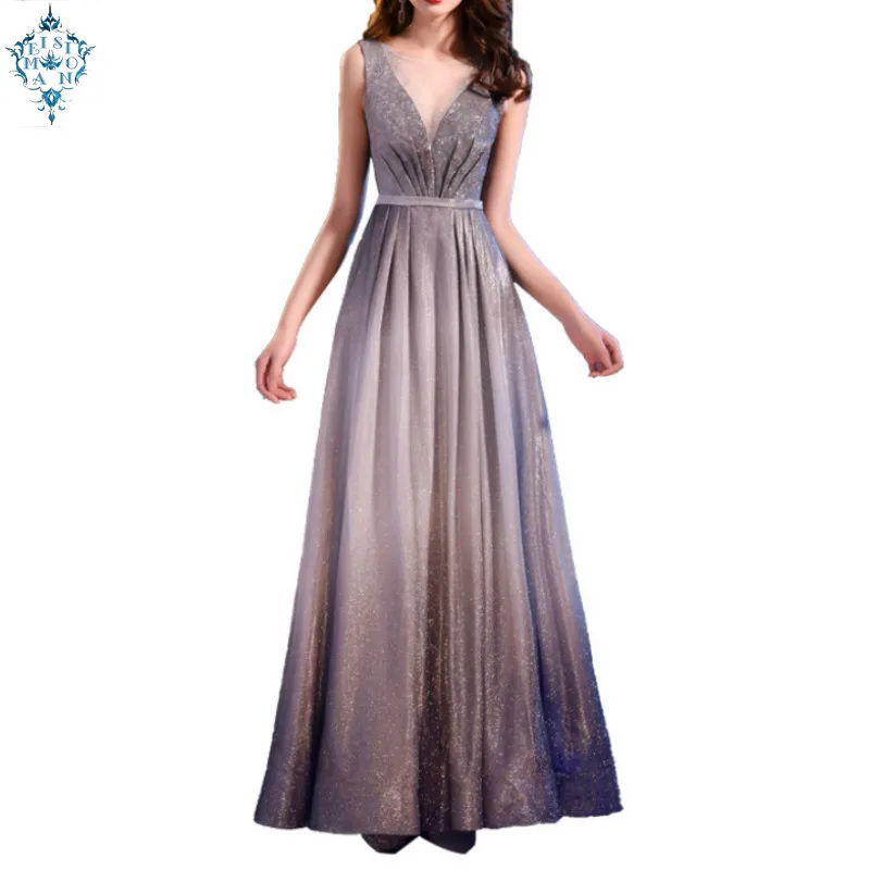 

Ameision Elegant Slim Evening Dress 2019 Pleat Shiny Half Sleeve Gray Floor-length Dinner Gowns A-line robe de soiree