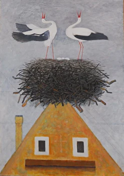 

Modern handmade painting Red-crowned Crane on the roof on oil canvas for living room decor and wallpaper