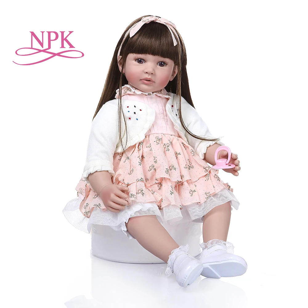 NPK 60 см реалистичные reborn baby силиконовые куклы для девочек с очень длинными коричневыми прямые волосы Изысканная принцесса игрушка Рождественский подарок