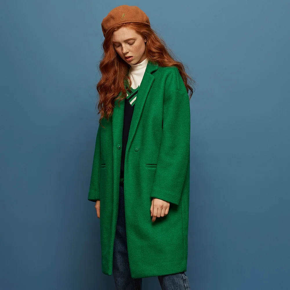 METERSBONWE шерстяное пальто дамы зимний длинный костюм воротник корейской версии пальто - Цвет: Dense leaf green