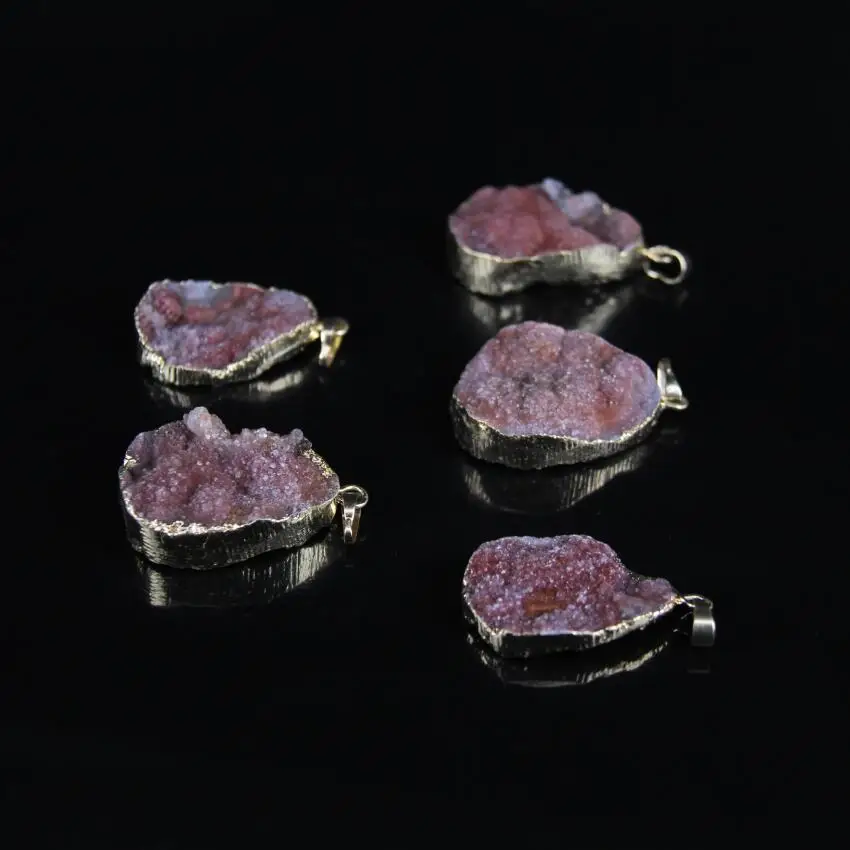 5pcs Natural Agates Geode Freeform Slab Nugget Pendant With Gold Edged Pink Red Raw Geode Gems