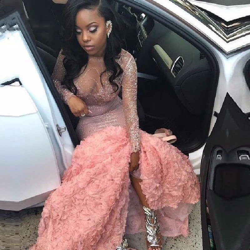 Robe-de-Soiree-African-Luxury-Mermaid-Pink-Prom-Dresses-2017-Sexy-Sheer-Lace-Crystal-RuffledLong