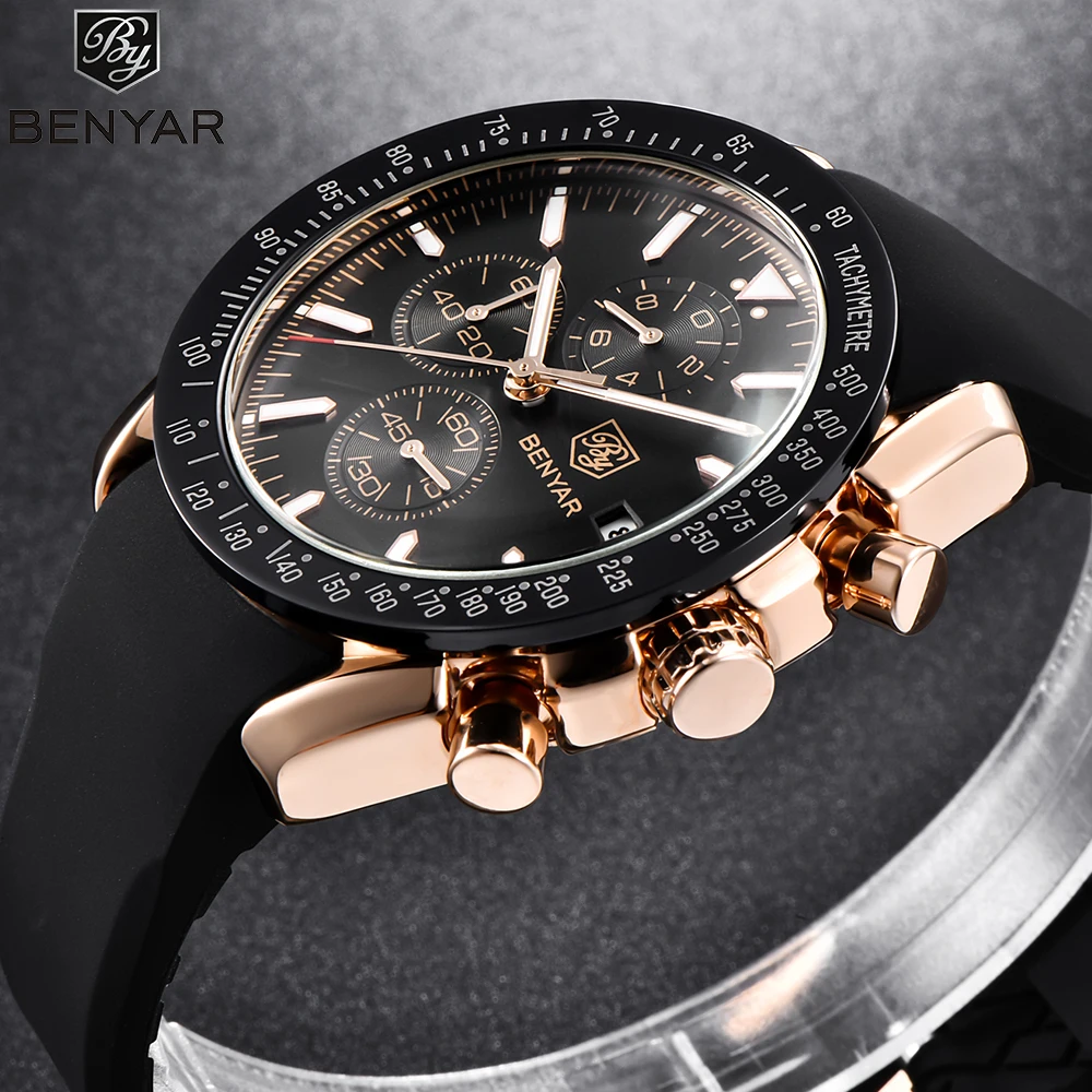 

BENYAR Mens Watches Top Brand Luxury Quartz Gold Watch Silicone Sport Wrist Watch Men Vintage Mens Watch Clock reloj hombre 2018