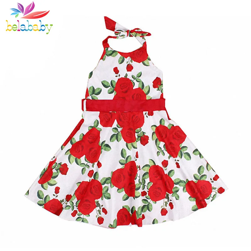 

Belababy Baby Girls Dress Princess Costume 2018 New Summer Children Sleeveless Rose Floral Print Dresses For Girl Kids Clothes