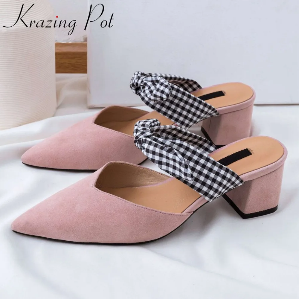 

Krazing Pot sweet princess style chunky med heels butterfly-knot design slip on mules dating lazy girls pointed toe pumps L26