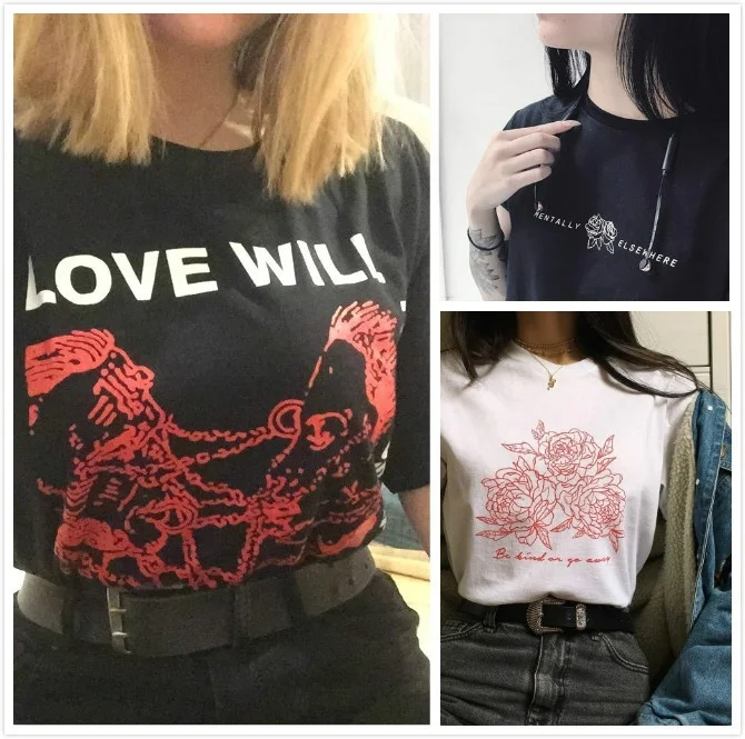 

PUDO-JBH Be Kind Or Go Away Rose Print Tumblr Grunge Aesthetic T-Shirt Vintage Hipsters Cute Tee