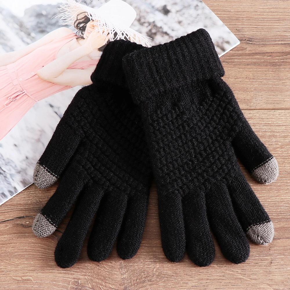 1 пара, осень,, новинка, женские теплые зимние вязаные перчатки на полный палец, варежки для девочек, Женские однотонные шерстяные перчатки, перчатки для экрана