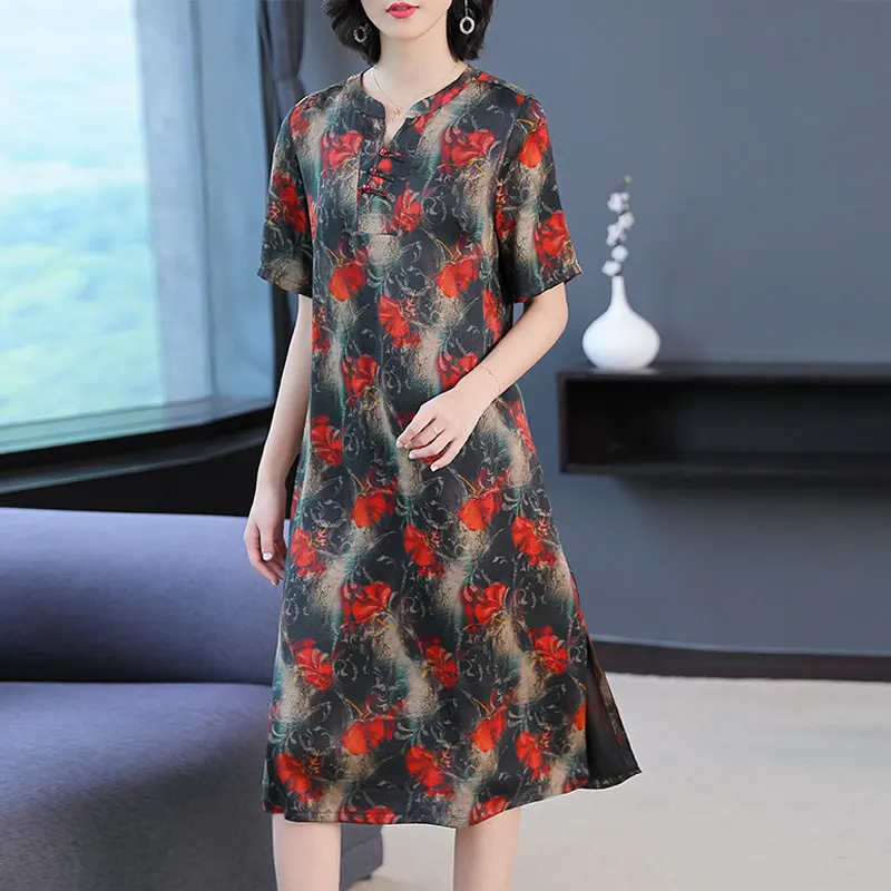 

Silk Dress Women Plus Size High Quality Red Print Floral Midi T Shirt Dresses Elegant Vintage 2019 Summer Loose Clothing