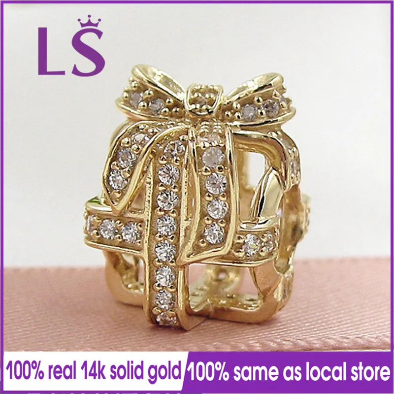 

LS New 100% 14&k Real&Solid Gold All Wrapped Up Charm Encantos Fit Original Bracelets Pulseira Berloque 100% Same.Fine Jewelry N