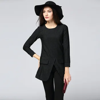 

European style fashion Blouses large size women 2016 autumn new round neck zipper black and white striped Slim tops blouse