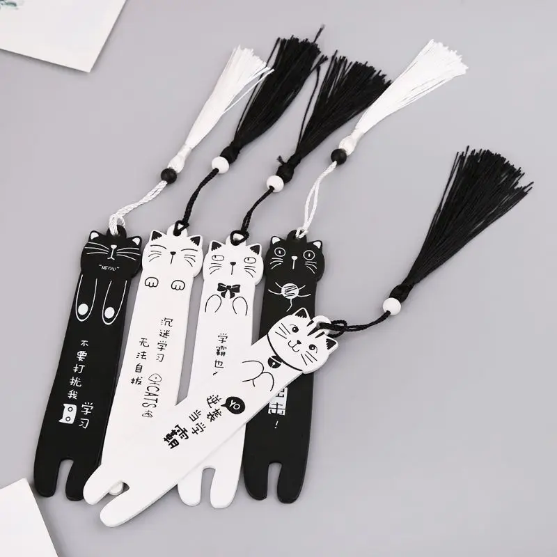 

Cute Cartoon Cat Wooden Bookmark Book Page With Tassel Student Stationery School