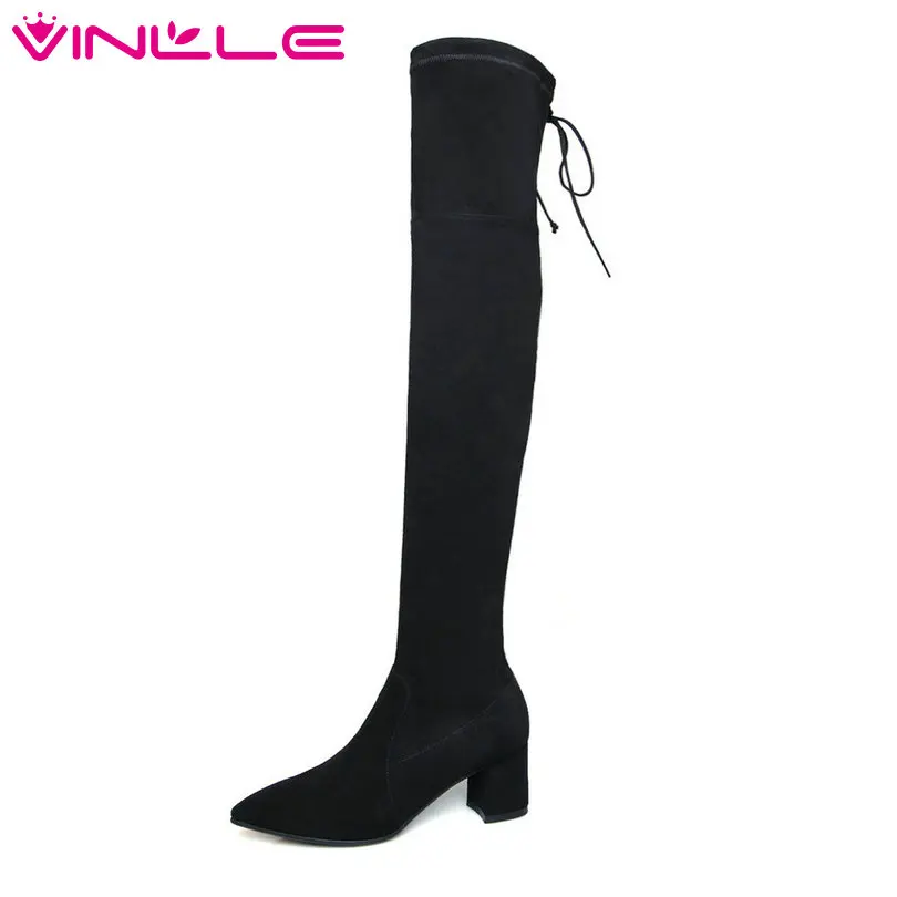 

VINLLE 2019 Women Shoes Over The Knee Boots Med Heel Leather+PU Pointed Toe Zipper Ladies Motorcycle Shoes Size 34-42