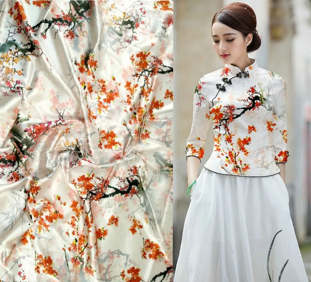 

Telas Red Plum Flowers Japanese Style Printing Tissu Enfant Fabrics Brand Stretch Satin 97% Mulberry Silk Fabric Cloth Hot Sale