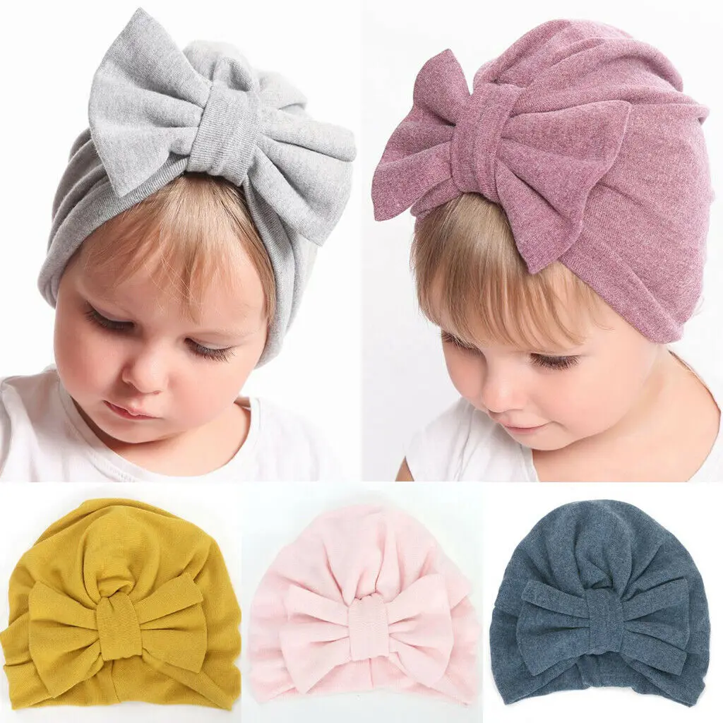 Cute newborn baby girl hat soft and comfortable simple solid color bow toddler cap