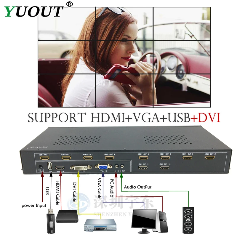 

LCD 9 tv HDMI Video Wall Controller 3x3 2x4 4x2 2x3 2x3 2x2 4x1 HDMI VGA DVI USB Processor image processor 9TV aspecto 16:9