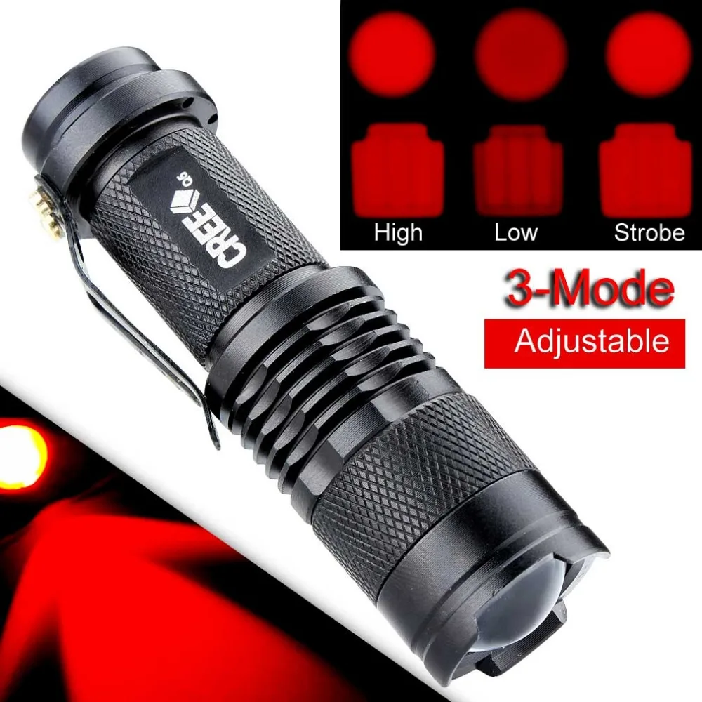 Mini Waterproof LED Tactical Flashlight 300 Lumens Zoomable Red Light