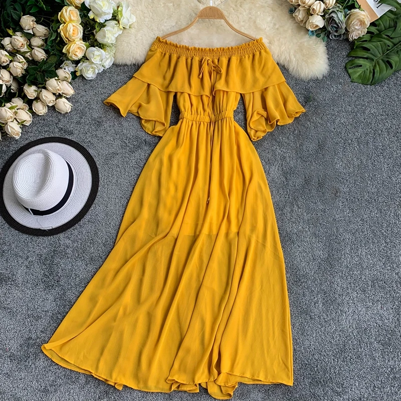 

Taotrees Women Summer Slash Neck Off Shoulder Flare Sleeve Solid Ruffles Dress