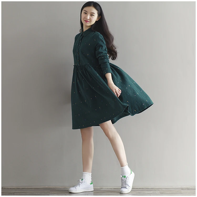 Vestidos de Otoño de Color verde de manga larga Chicas Mori vestidos sueltos Turn vestido de pana una línea Lolita vestido Z885|Vestidos| - AliExpress