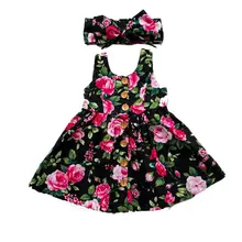 Toddler Infant Kids Baby Girls Summer Floral Dress Princess Party Sleeveless Dresses Headband 2pcs 0-4Y