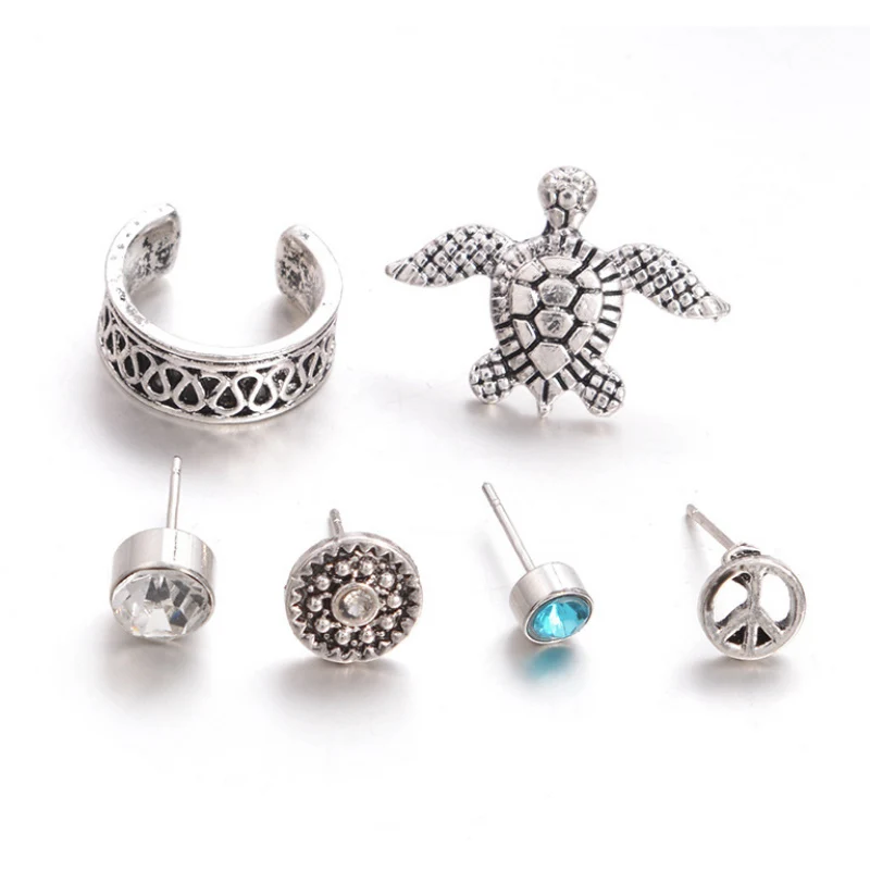 

6pcs/Set Retro Bohemia Turtle Carved Geometric Earrings Set Crystal Stud Earrings Ear Clip