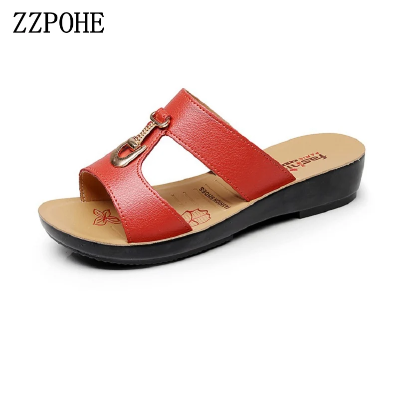 

ZZPOHE Summer new women's shoes female leather soft soles mother slippers slope with the elderly skid comfortable slippers