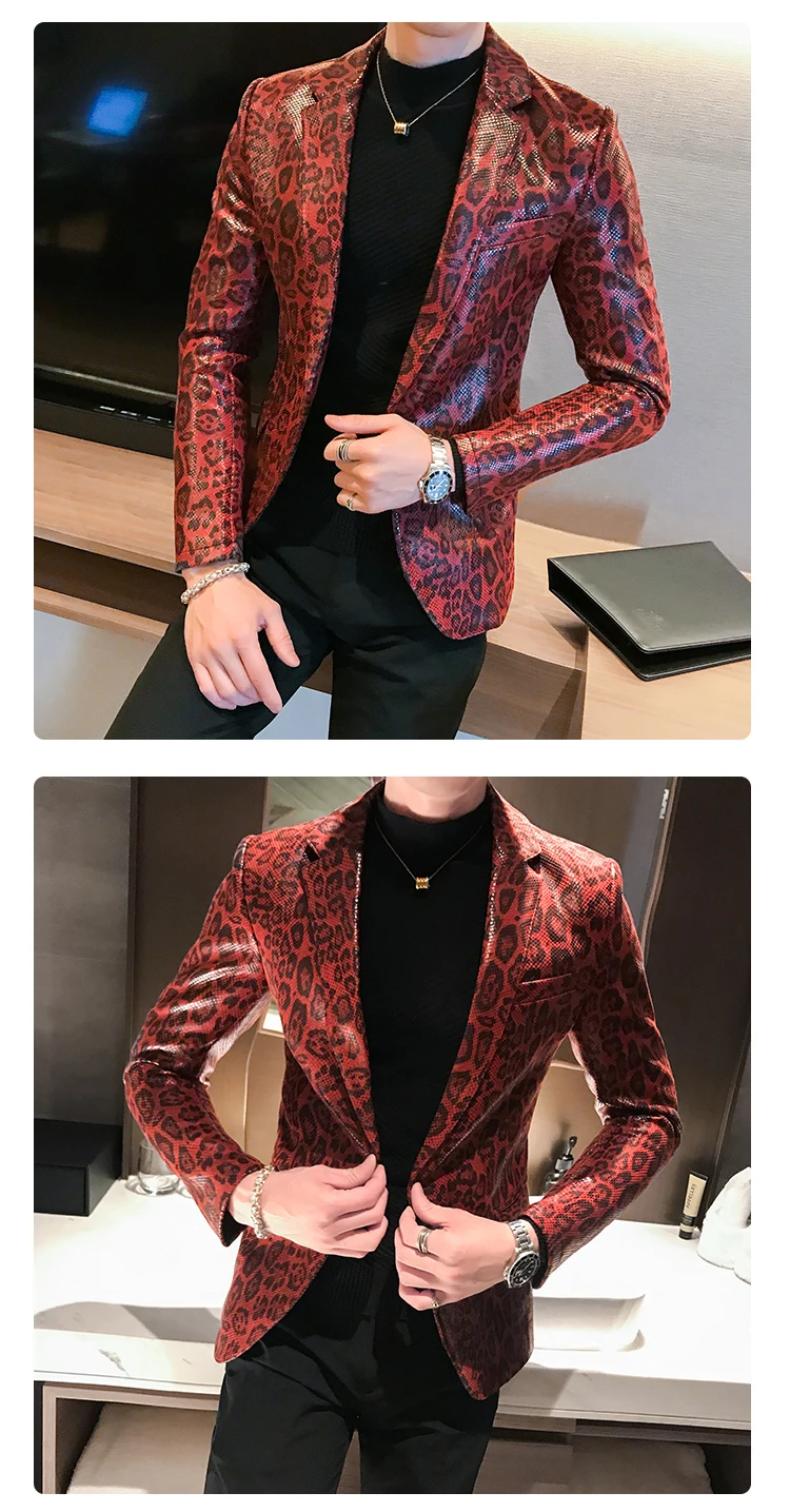 Autumn Leopard Print Mens Blazer Skin Suit Jacket Leather Stage Costumes For Singers Loose Coat Blaser Homens Terno Masculino