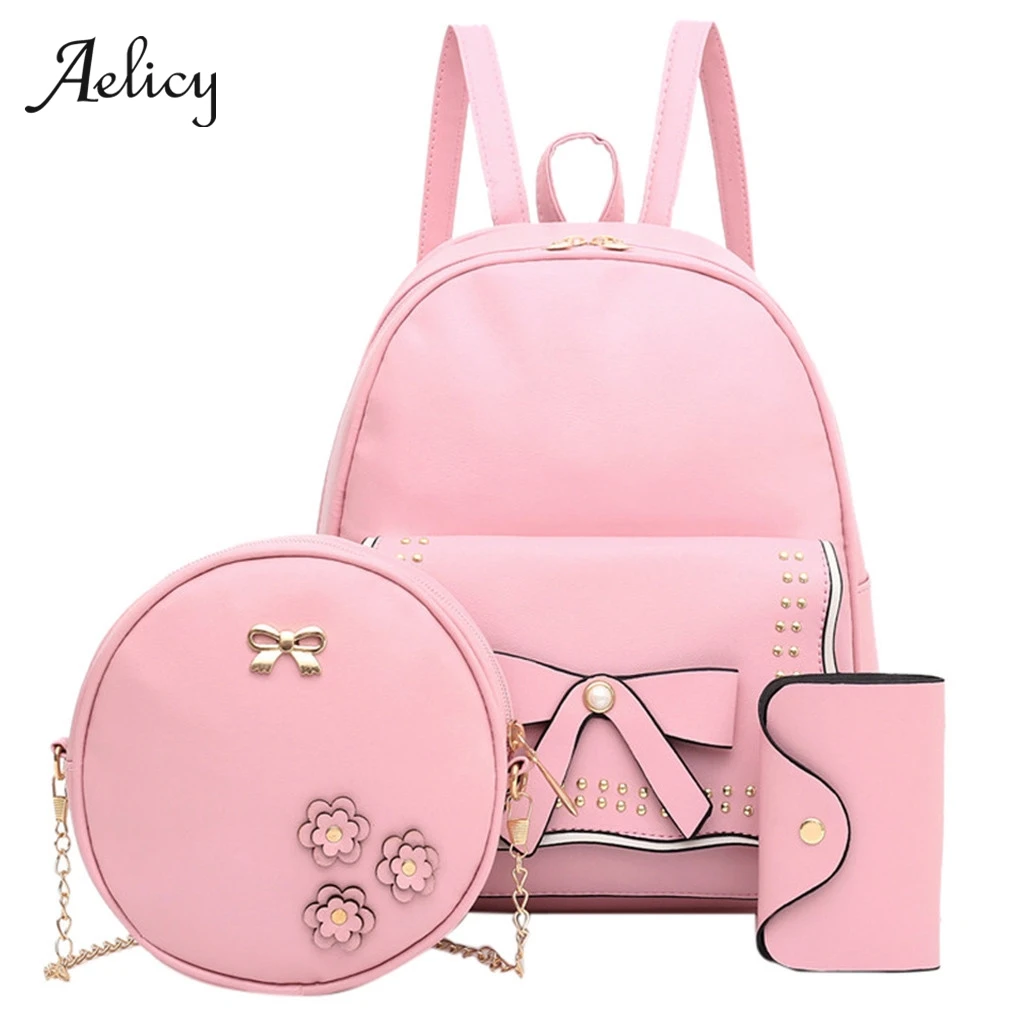 

Aelicy 3pcs Women Bags Set Student Girls Small Backpack Casual Bowknot Leather School bag+chain Shoulder bag+clutch Card Purse