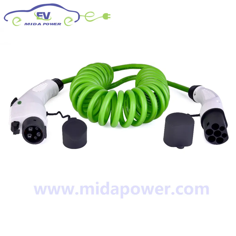 

16A 5m J1772 to IEC 62196-2 EV Plug Connector EV Spring Cable 16Amp EV Coiled Cable 16A iec 62192-2 ev plug Type 2 plug male
