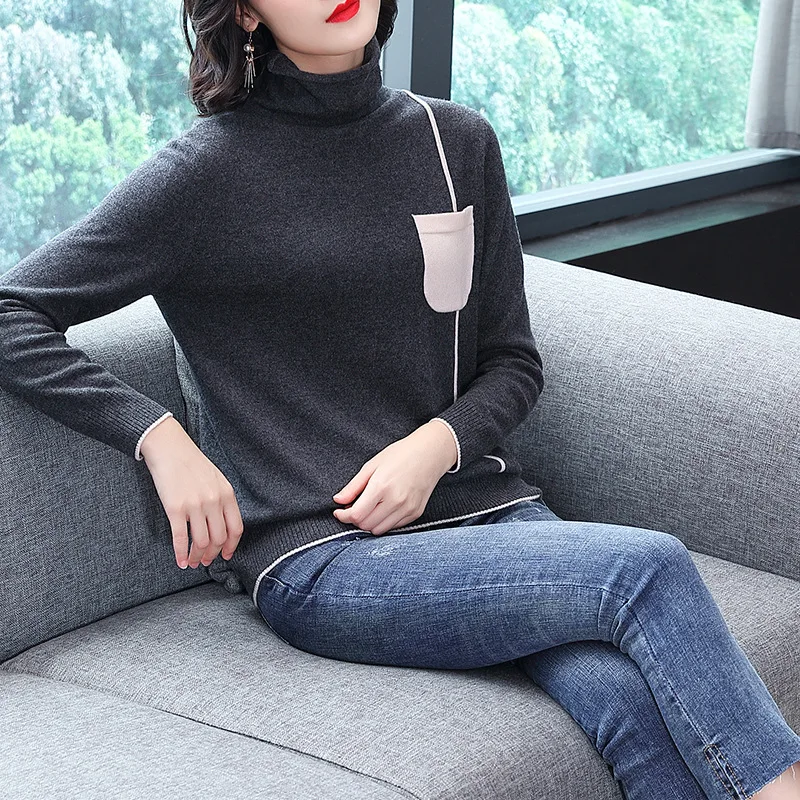 Tricots Longues Poche Femmes Automne Col Laine Haut Pull Nouvelles Mode Blue D'hiver À Casual Chemises grey Manches 3L54RjAq