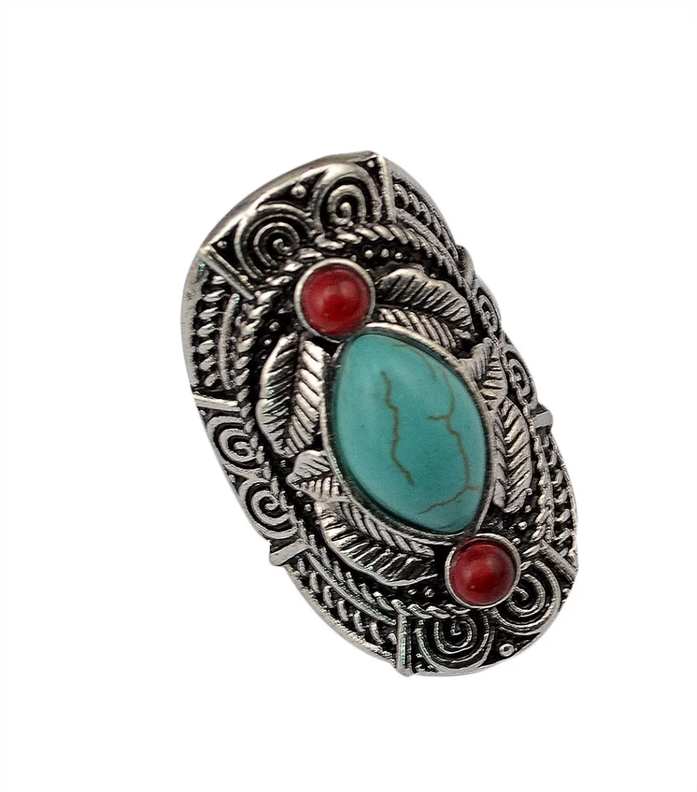 Boho Ethnic Tibet Turquoise Rings For Women Men Retro Silver Color Adjustable Carved Gypsy Tribal Pakistan Afghan Indian Jewelry