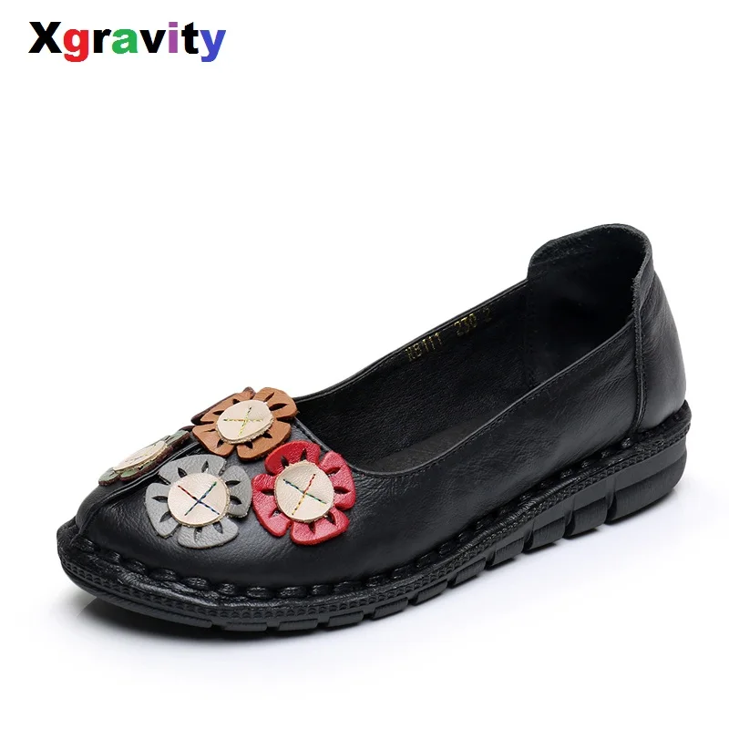 

Xgravity Hot Summer Autumn Fashion Flower Round Toe Flat Shoes Vintage Genuine Leather Women Flats Girl Loafer Flats C088
