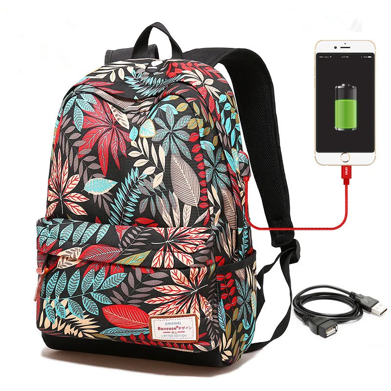 

Women USB charging laptop backpack for teenage girls school backpack bag Printing Female Backpacks for college students