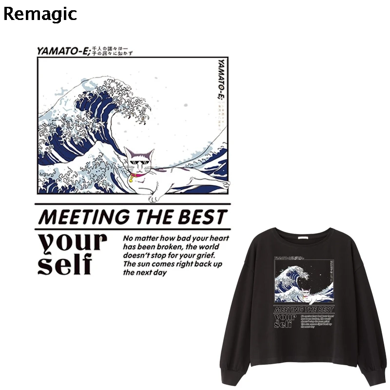 The Great Wave off Kanagawa cat Термотрансферная печать симпатичная наклейка Одежда DIY