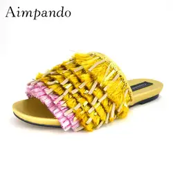 Блестящие пайетки плоские тапочки Новинки для женщин модные летние с открытым носком золото с бахромой пляжные шлепанцы