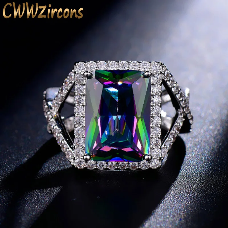 CWWZircons роскошное Сверкающее кольцо с большой квадратной огранкой мистическая Радуга огненный кристалл обручальное и обручальное кольцо для женщин R027