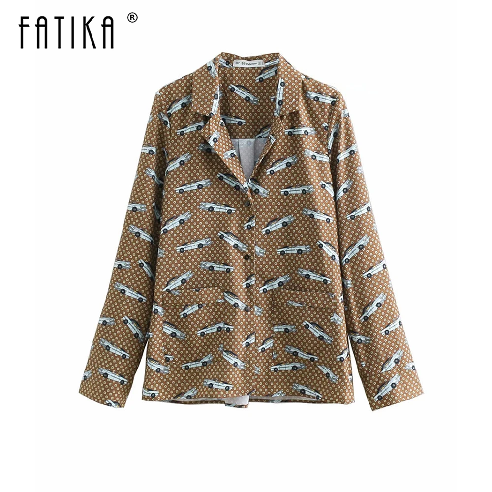  FATIKA Turn-down Collar Car Print Shirts Loose Vintage Long Sleeve Blouses Trendy Casual 2019 Sprin