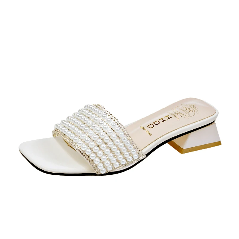 

Summer Women Shoes Slippers Woman Female Slides Solid Pearl String Bead Square Mid Heels Crystal Beach Shoes Sexy Ladies Slipper
