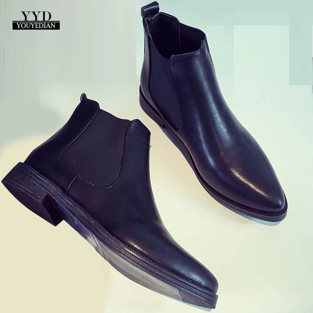 

black ankle boots for women Boots Elasticated Patent Leather Ankle Boots flat Pointed Low Heel Boots Female Sexy Shoes7#3.5
