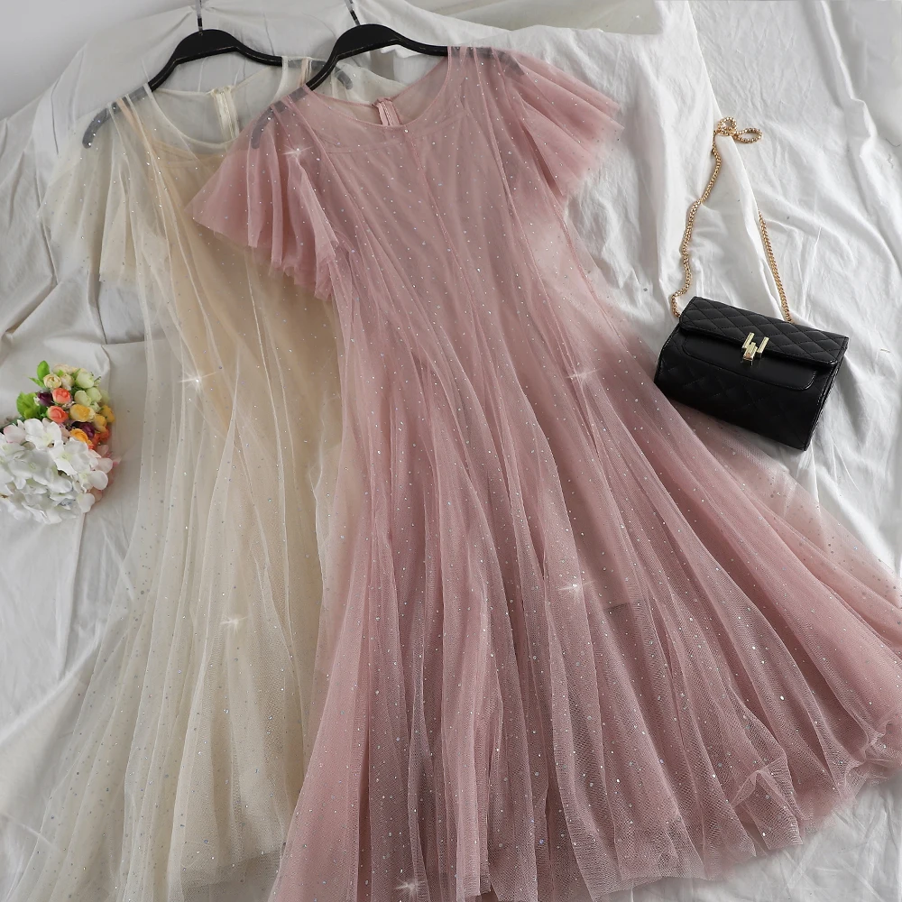 

2019 Women Summer Flare Sleeve Sequined Tulle Ball Gown Dress Vintage Elastic Slim Mesh Gauze Voile Pullover Pleated Midi Dress