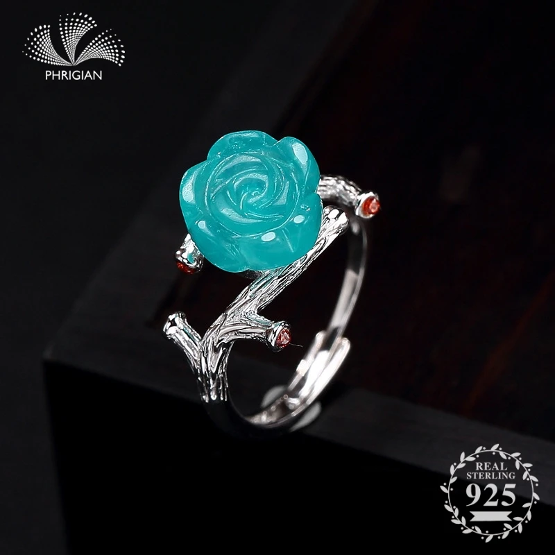 

NOT FAKE S925 Fine Antique shop Ring 925 Sterling Silver Women Handmade Retro aquamarine Tanzanite blue rose flower Jade