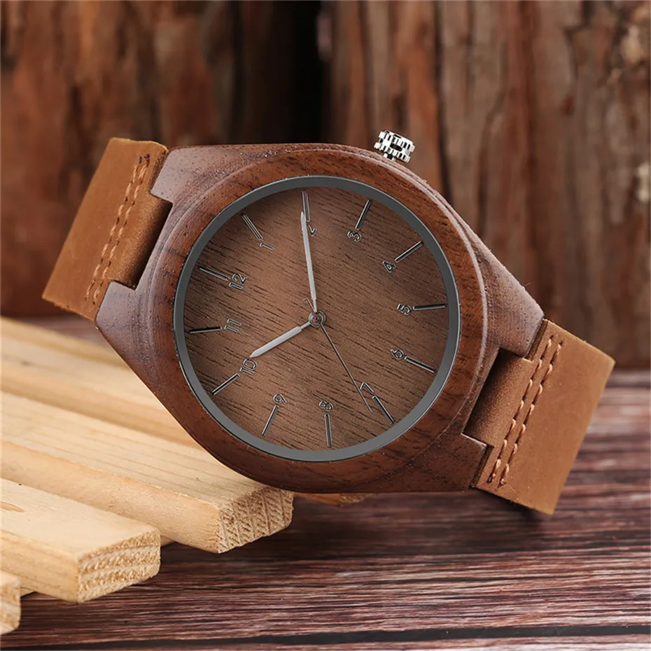 Black Cool Nature Wood Arabic Number Men Quartz Wrist Watch Analog Casual Brown Genuine Leather Band Strap Sport Clock Gift (23)