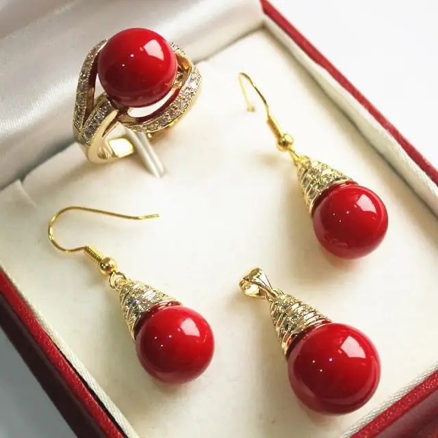 

noble new jewelry vermilion red 18KGP + 12mm shell pearl pendant, earring, , ring set