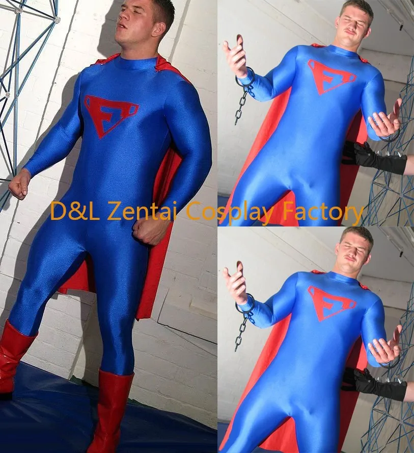 DHL для взрослых супер герой костюм синий и красный лайкра спандекс зентай костюмы с красным плащом LS1447