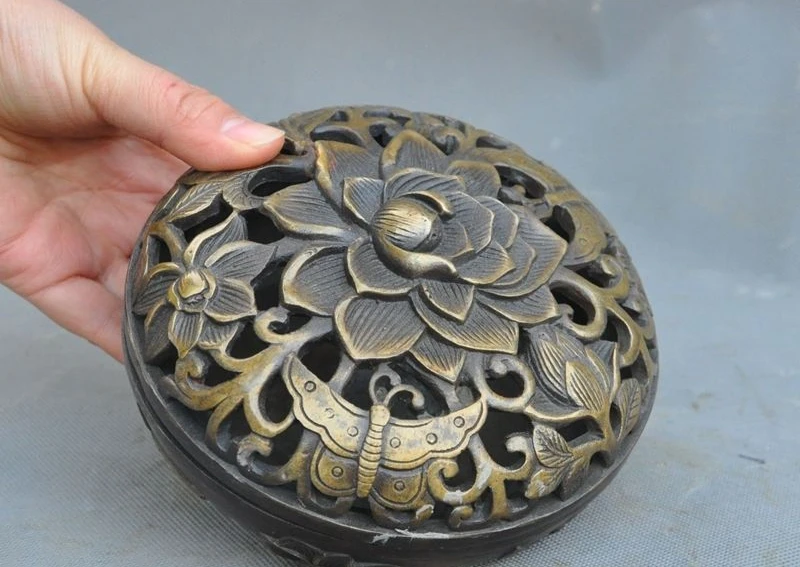 

Marked Old Chinese pure bronze Flower Butterflies Lucky Incense burner Censer