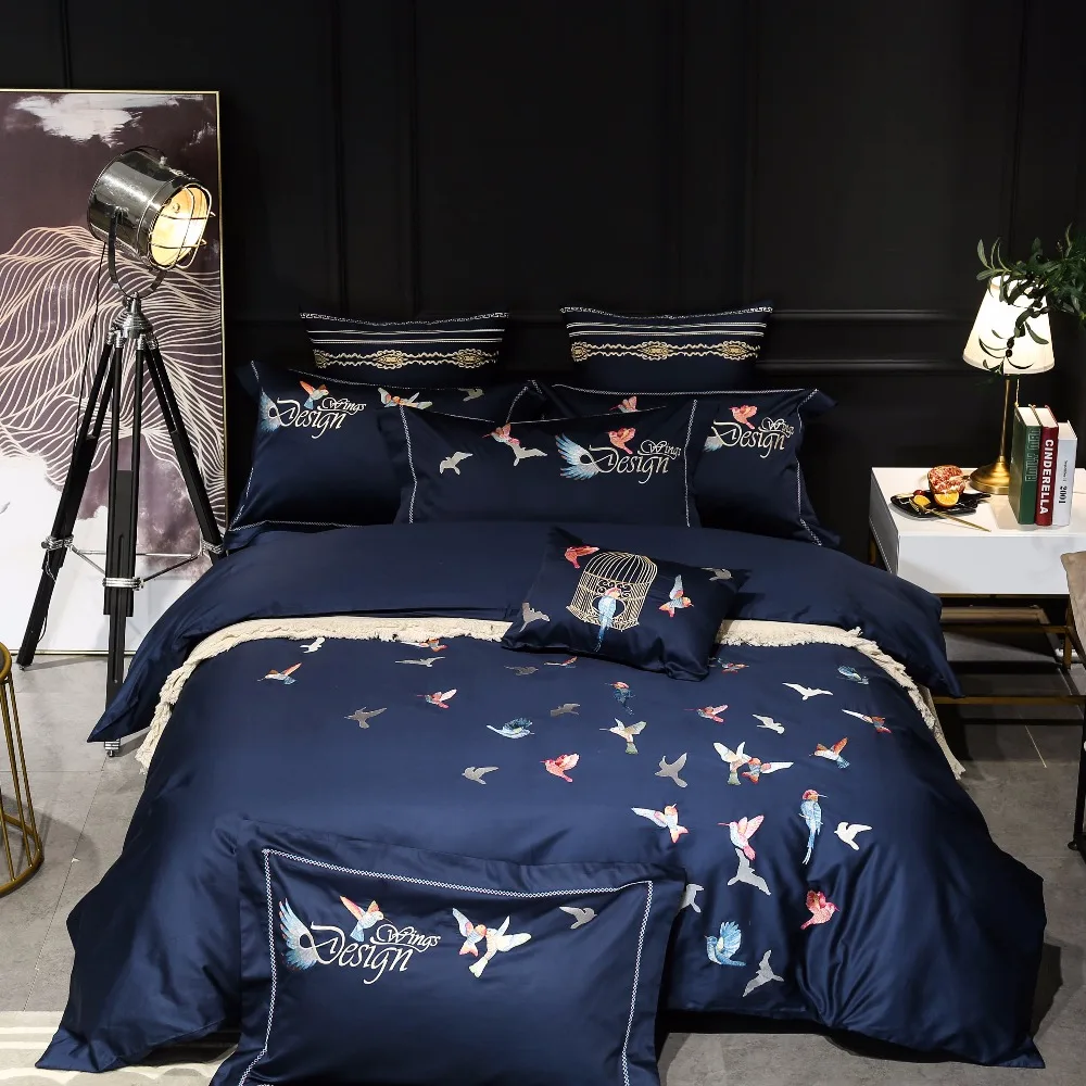 

2018 Bedding Set Embroidery birds King Duvet Cover Pillow Case Quilt Cover Duvet Cover Set with Pillowcases 4/7pcs Bed Set