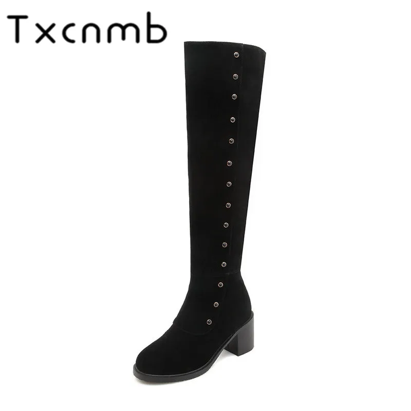 

TXCNMB 2019 Boots Women Knee Boots for Women Winter Cow Suede Leather High Heel Shoes Woman Zipper Size 40