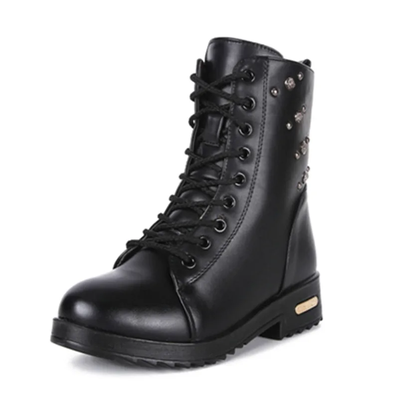 

New 2016 Fall Winter Flat Square Heel Women's Martin Boots Rivet Warm Fur Ankle Snow Boots Women Shoes N162