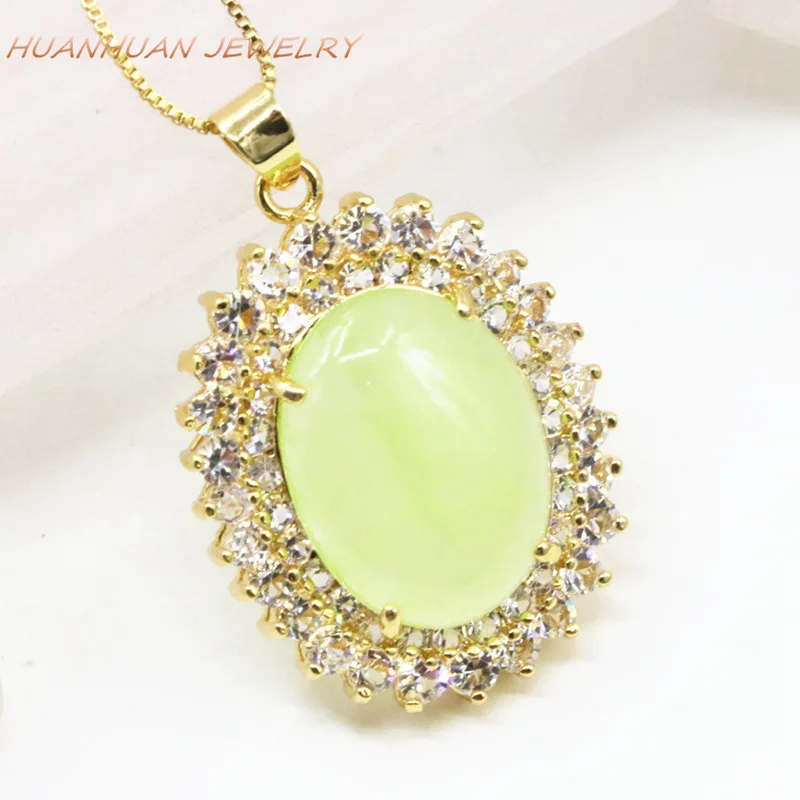 Natural Green Stone Jades Pendant Gold-Color Copper Zircon Chain Necklace For Women 28x37mm Chalcedony Pendants Jewelry B3314 | Украшения и