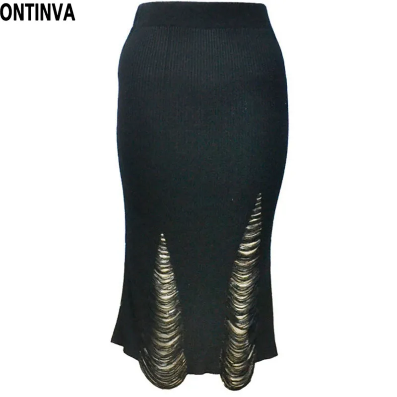 Ripped Pencil Skirt with Holes High Waist Skirts Female Knitted Short