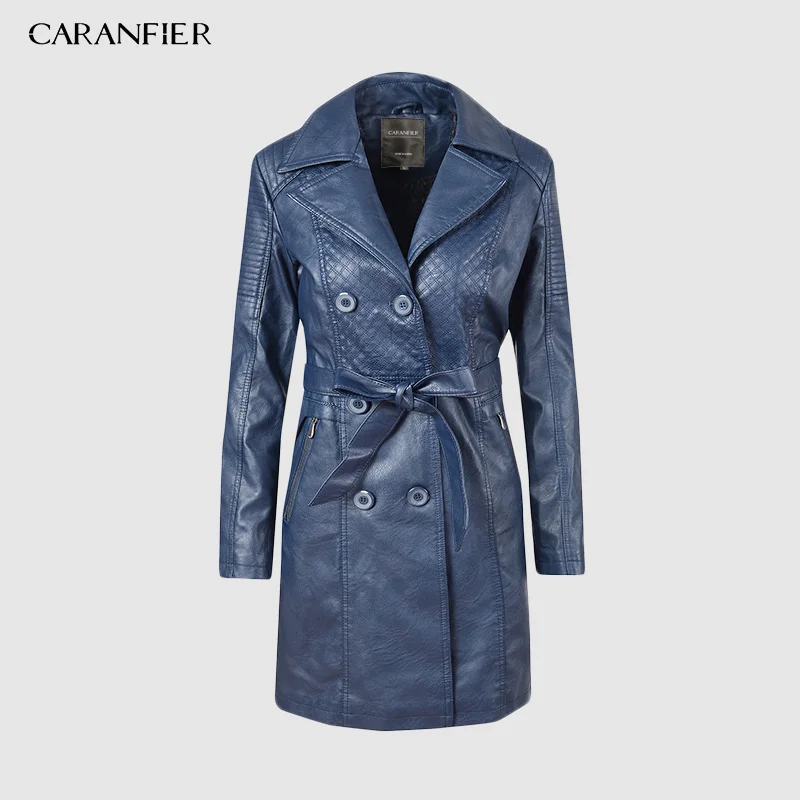 CARANFIER, Женское пальто из искусственной кожи, зимнее пальто с длинным рукавом, двубортное длинное пальто, женская толстая бархатная ветровка - Цвет: Синий